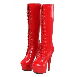 Red patent platform boots